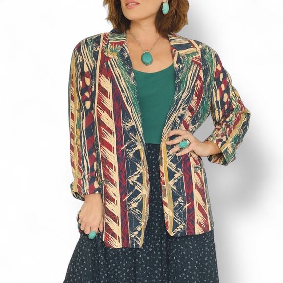 Vintage 80s Toni Garment Oversized Burgundy Blazer Jacket Abstract Southwest Art - Picture 1 of 13